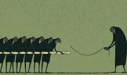 a banker with a whip and a row of bankers with fried eggs