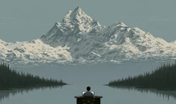 a banker at a desk in front of a mountain 