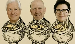 Three bank CEOs holding bags of money 