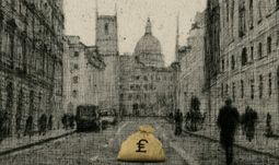 a street in the City of London with a bag of gold money 