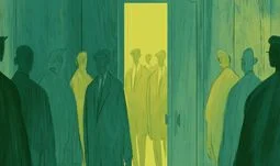 bankers going through a door 