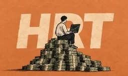A man with a laptop sitting on a pile of money. Letters 'HRT' in the background