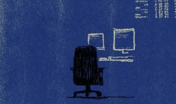 an empty blue chair on a trading floor 