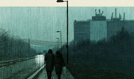 two people walking in the rain along a dismal road
