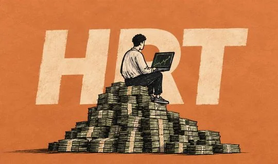 A man with a laptop sitting on a pile of money. Letters 'HRT' in the background
