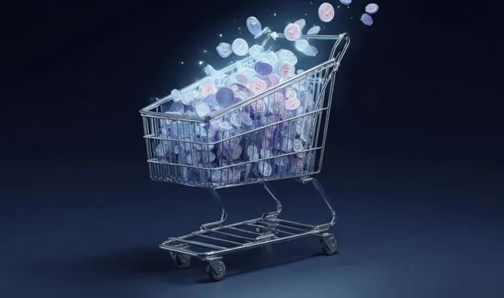 a shopping trolley full of futuristic tokens