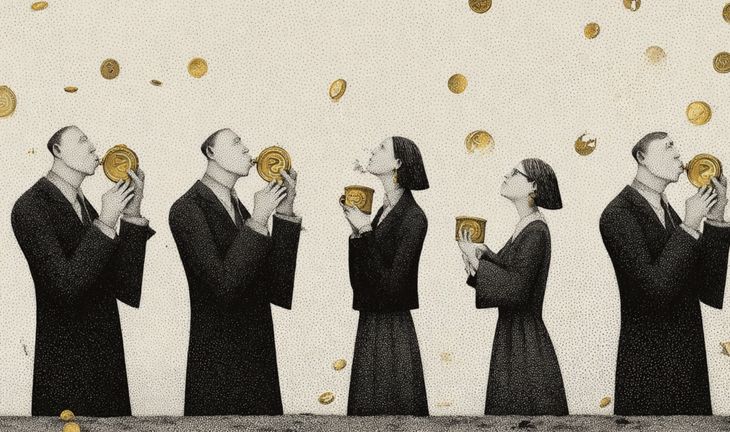 bankers kissing money in a row 