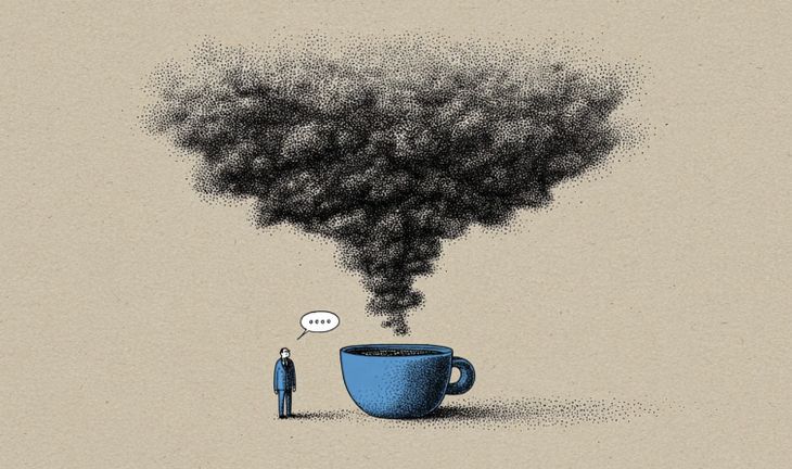 a man by a coffee cup with a cloud coming from it