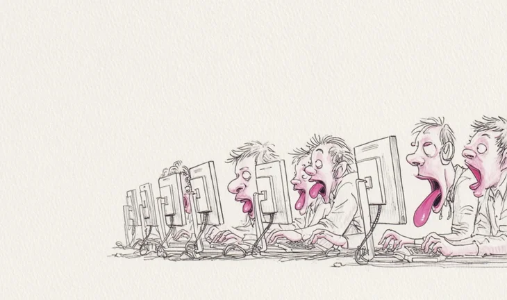some people with tongues out looking at screens 