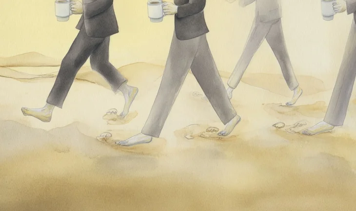 suited people carrying coffee in the desert