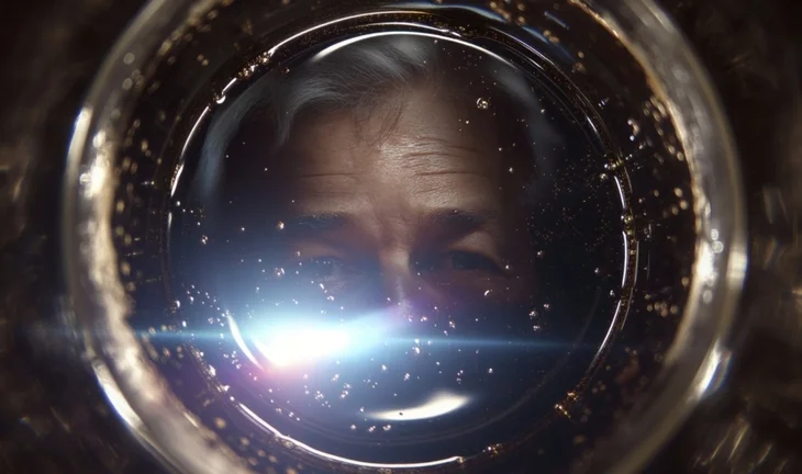 a man's face in a glass with a blue light 
