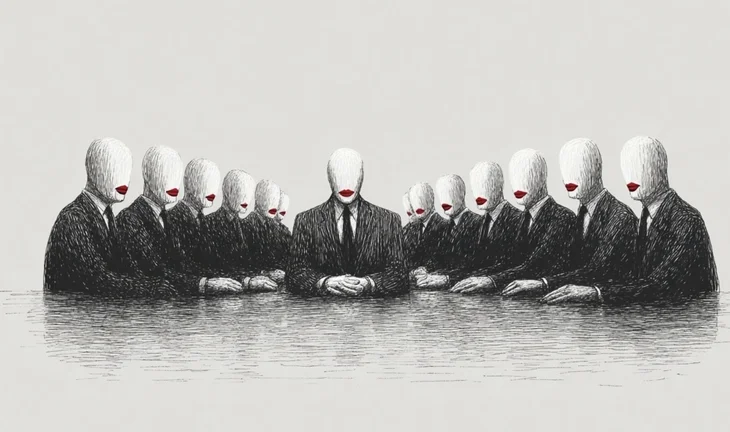 some faceless bald men sitting at a table with lipstick on