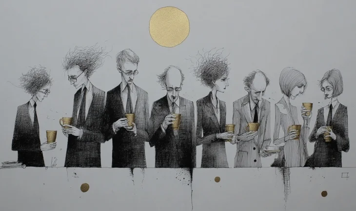 bankers drinking coffee under a moon 