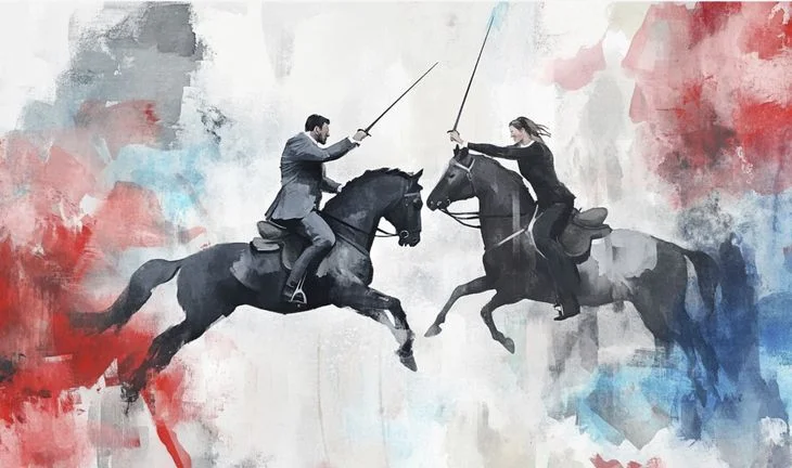 a man and woman on a horses with lances 