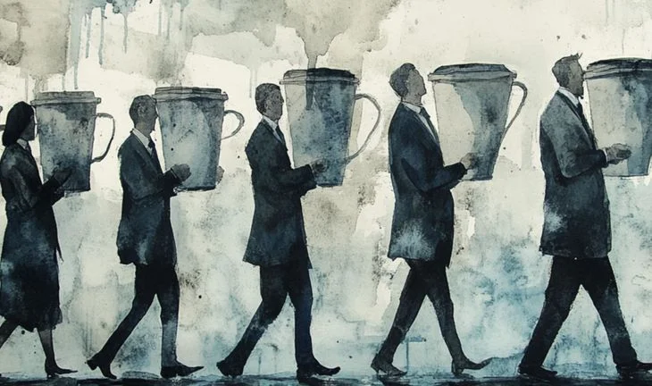 some suited figures carrying giant cups of coffee against a watercolor background 