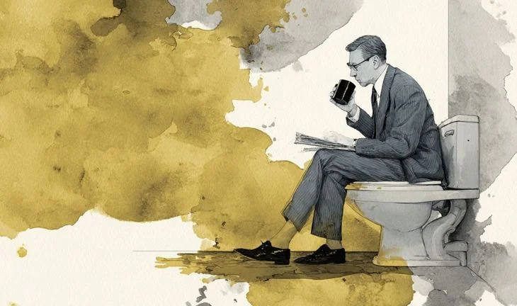 a Japanese man in a suit, sitting on a toilet drinking coffee