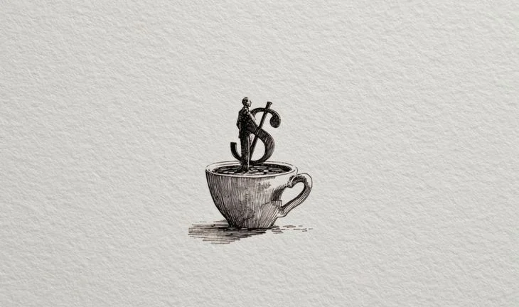 a man standing in a coffee cup holding a dollar sign
