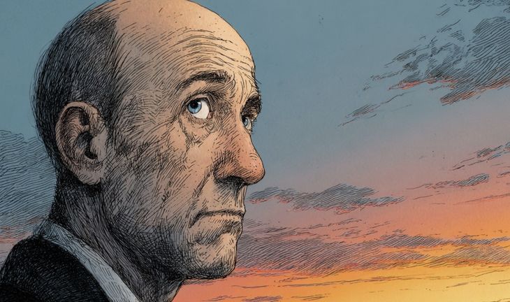 a bald man looking at a sunset