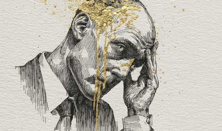a man with a melting brain, symbolised by gold paint
