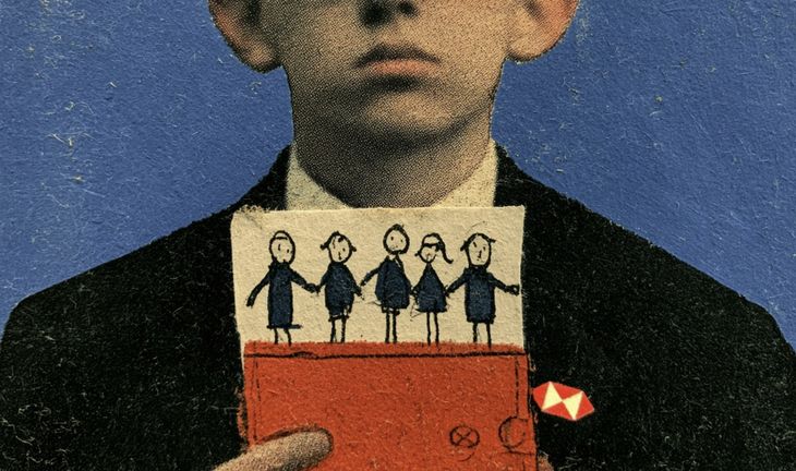 a banker holding a red wallet with a stick drawing of his children coming out of it