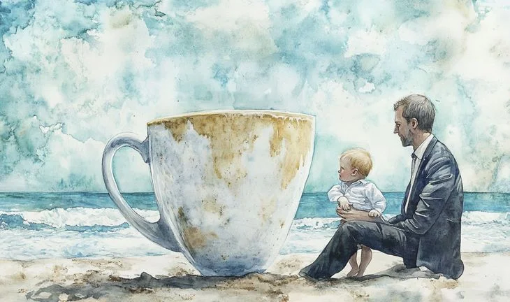 Goldman Sachs banker on a beach with a baby looking at a giant coffee 