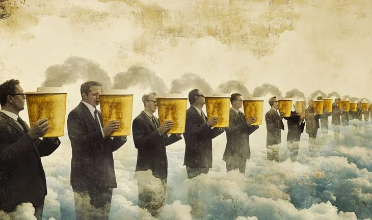 a row of bankers with golden coffee cups