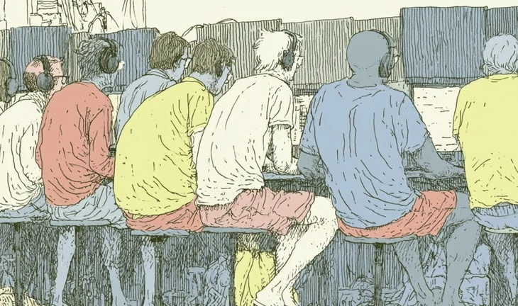 a row of people in shorts and t shirts looking at screens 