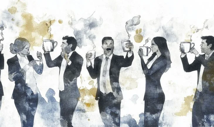 bankers toasting with coffee