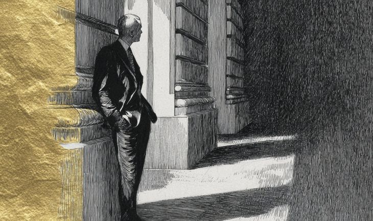 a banker looking along a street with an air of menace 