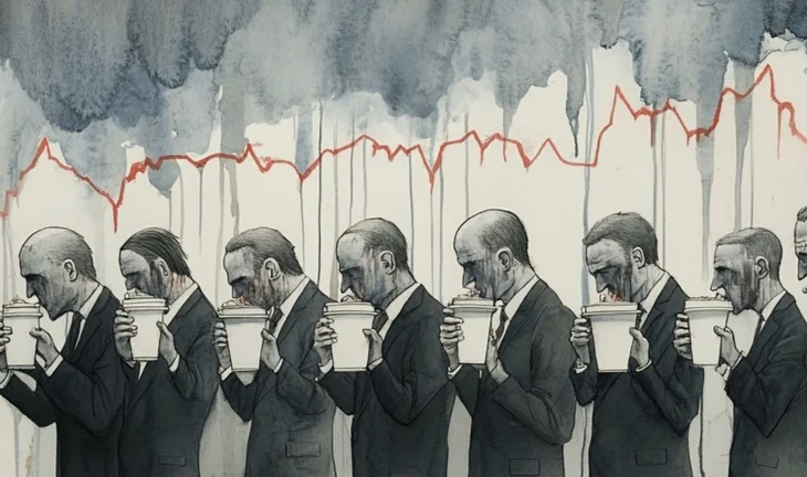 folorn traders in a row holding coffee cups beneath dark skies and an erratic red line