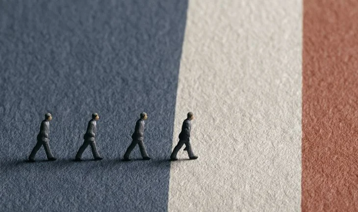 plastic men walking on a French flag