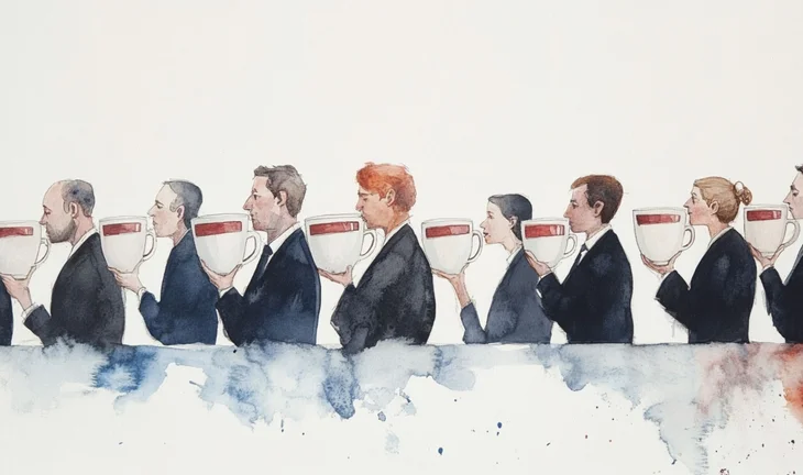 A row of Bank of America MDs holding coffee cups 