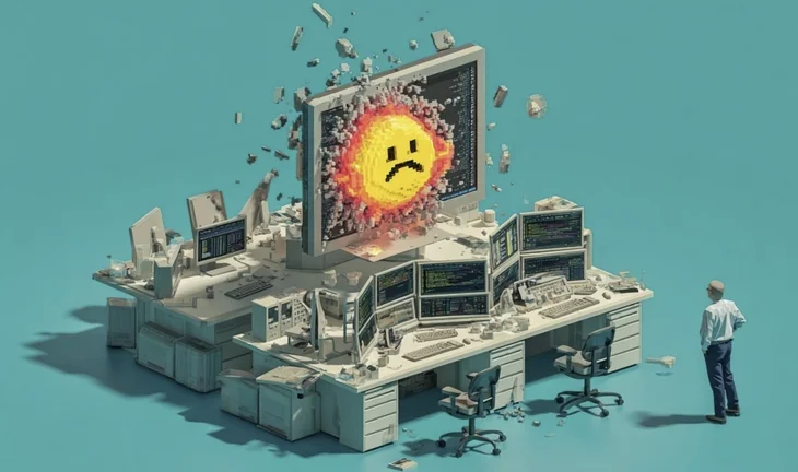 a computer with a sad emoji