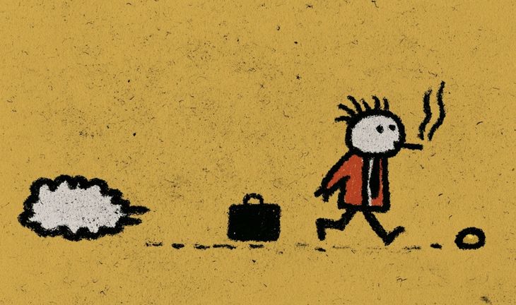 a man dropping his suitcase and heading off with a cigarette. A cloud in the background 