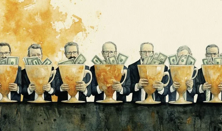 Hedge fund traders with giant mugs of coffee stuffed with money
